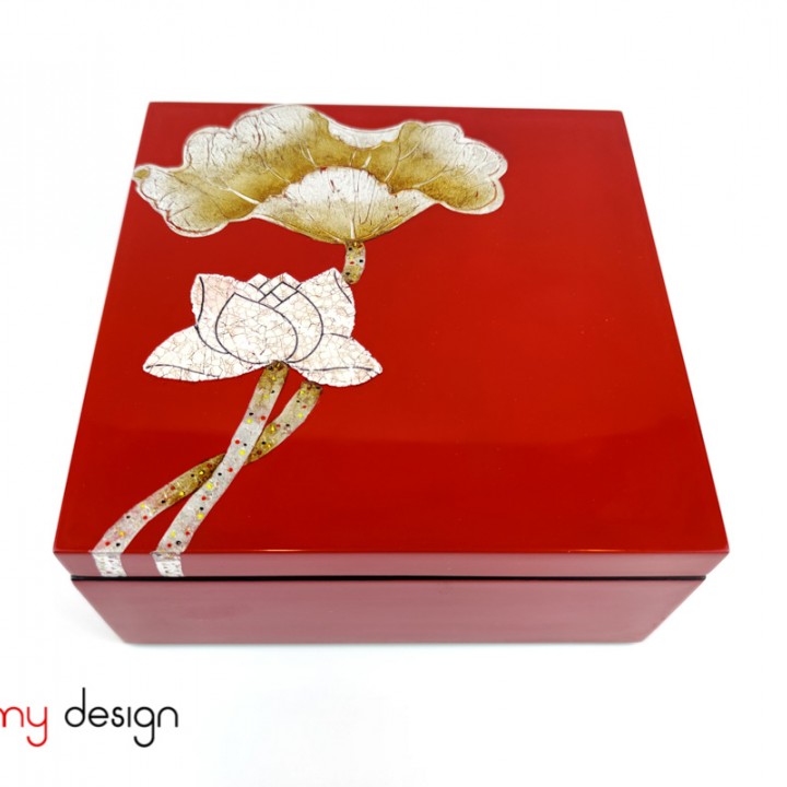 Red square lacquer box hand painted with lotus 20*H6 cm